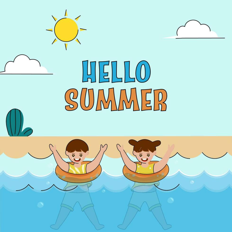 Hej sommar font med glad barn simning under vatten och Sol på blå bakgrund vektor
