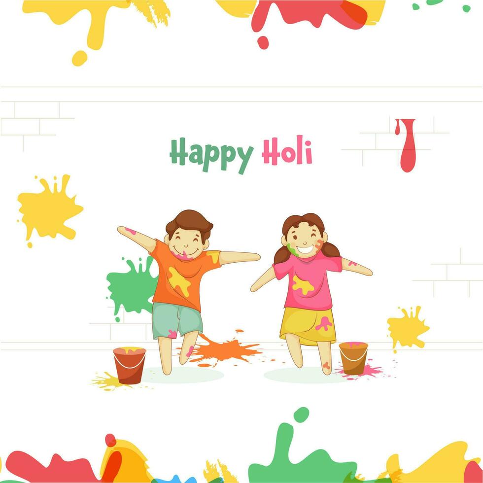 glad indisk barn njuter och fira festival av färger och hinkar på abstrakt bakgrund. vektor