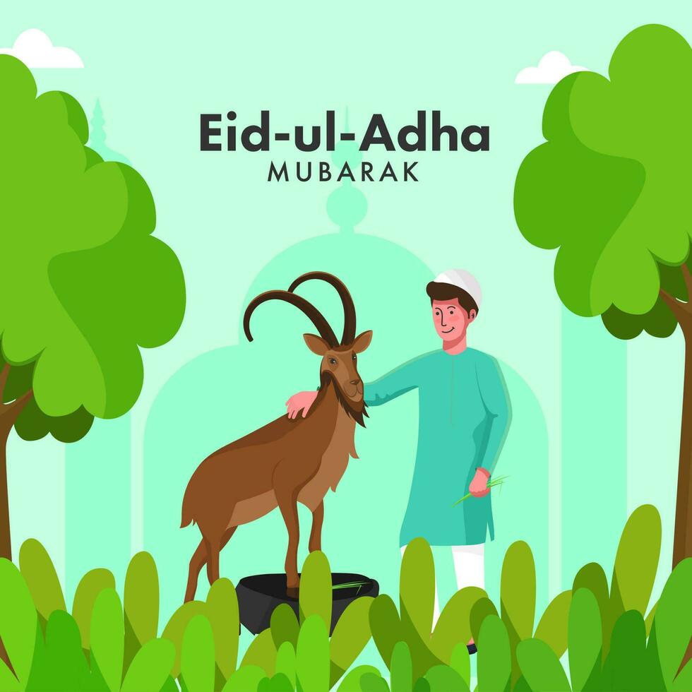 eid-ul-adha mubarak begrepp med islamic ung pojke innehav get och natur se på mynta grön silhuett moské bakgrund. vektor