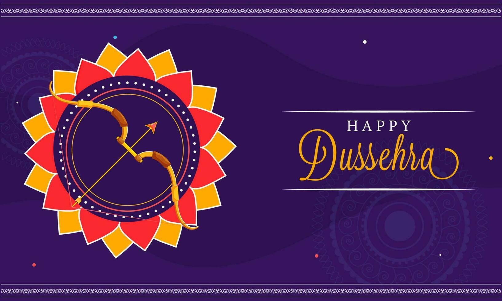 glücklich Dussehra Banner Design mit Bogenschütze Bogen, Pfeil Über Blumen- oder Mandala Rahmen auf violett Hintergrund. vektor