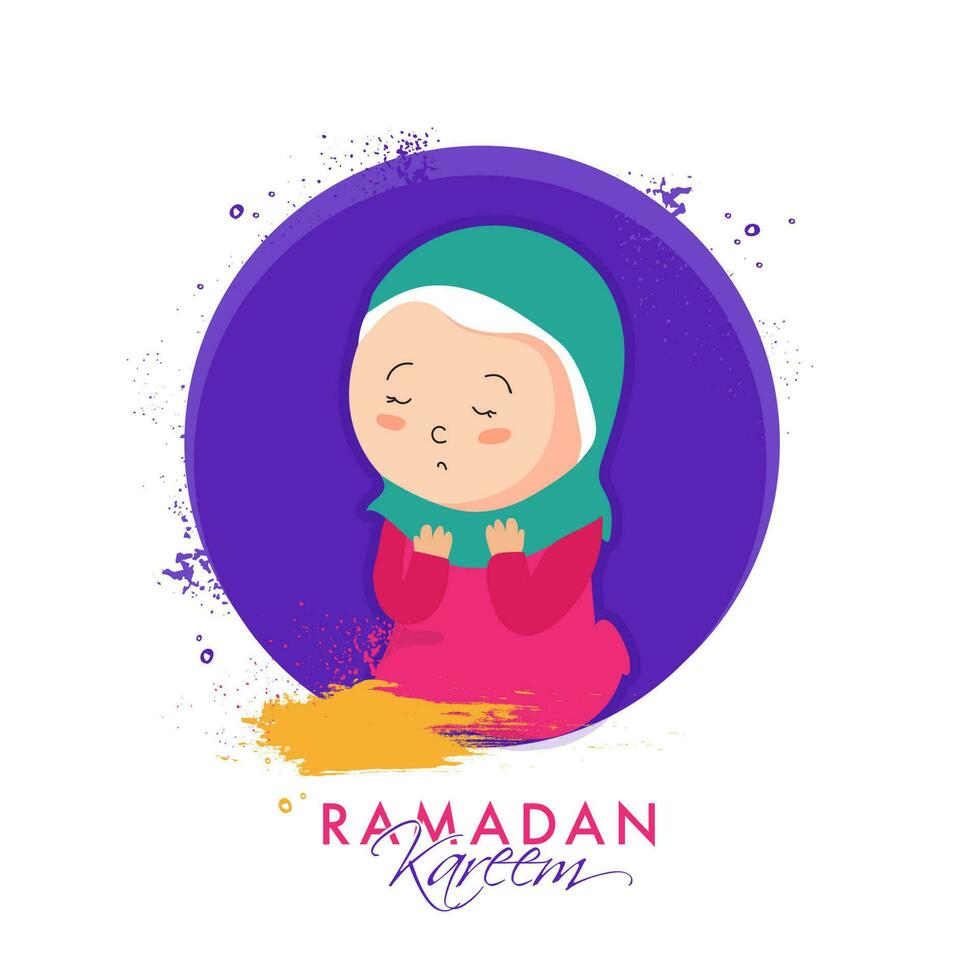 Ramadan kareem Konzept mit Karikatur Muslim Frau Angebot namaz Gebet auf lila und Weiß Hintergrund. vektor