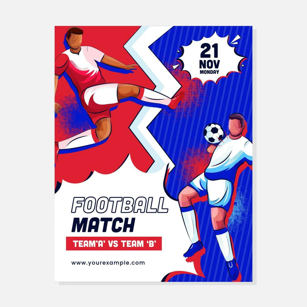 fotboll konkurrens mall med motsatt team spelare karaktär vektorer, och match dag detaljer. halvton effekt, blå och röd bakgrund. vektor