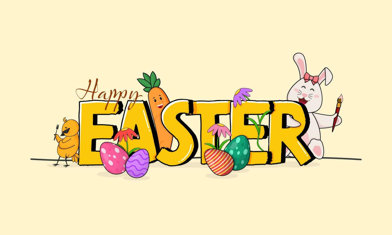 glücklich Ostern Schriftart mit Karikatur Hase, Karotte, Küken, Eier und Gänseblümchen Blumen dekoriert Pastell- Gelb Hintergrund. vektor