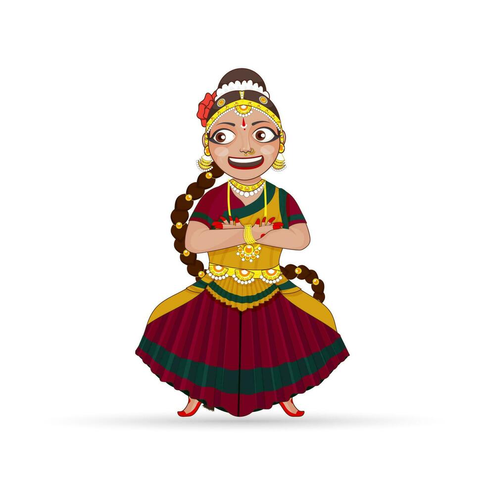 heiter jung Frau durchführen kuchipudi tanzen im traditionell Kleidung. vektor