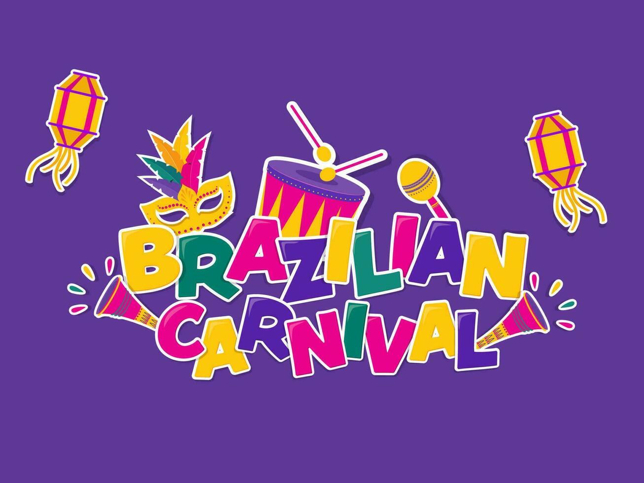 färgrik papper brasiliansk karneval font med lyktor, musik instrument, fjäder mask på lila bakgrund. vektor