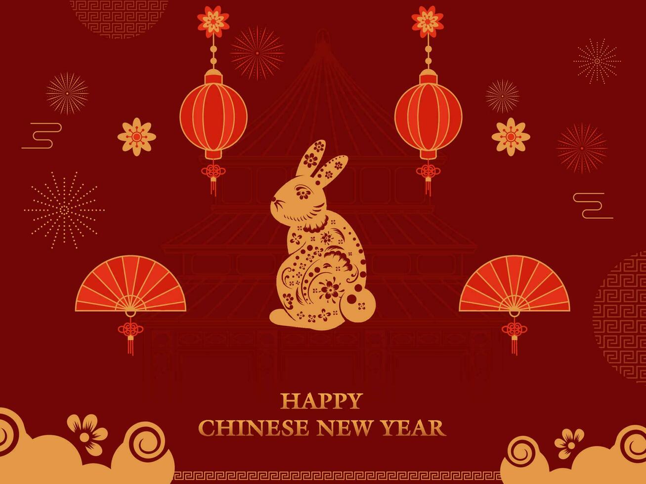 glücklich Chinesisch Neu Jahr Schriftart mit elegant Kaninchen, gefaltet Fans und traditionell Laternen hängen auf rot Himmel Tempel Hintergrund. vektor