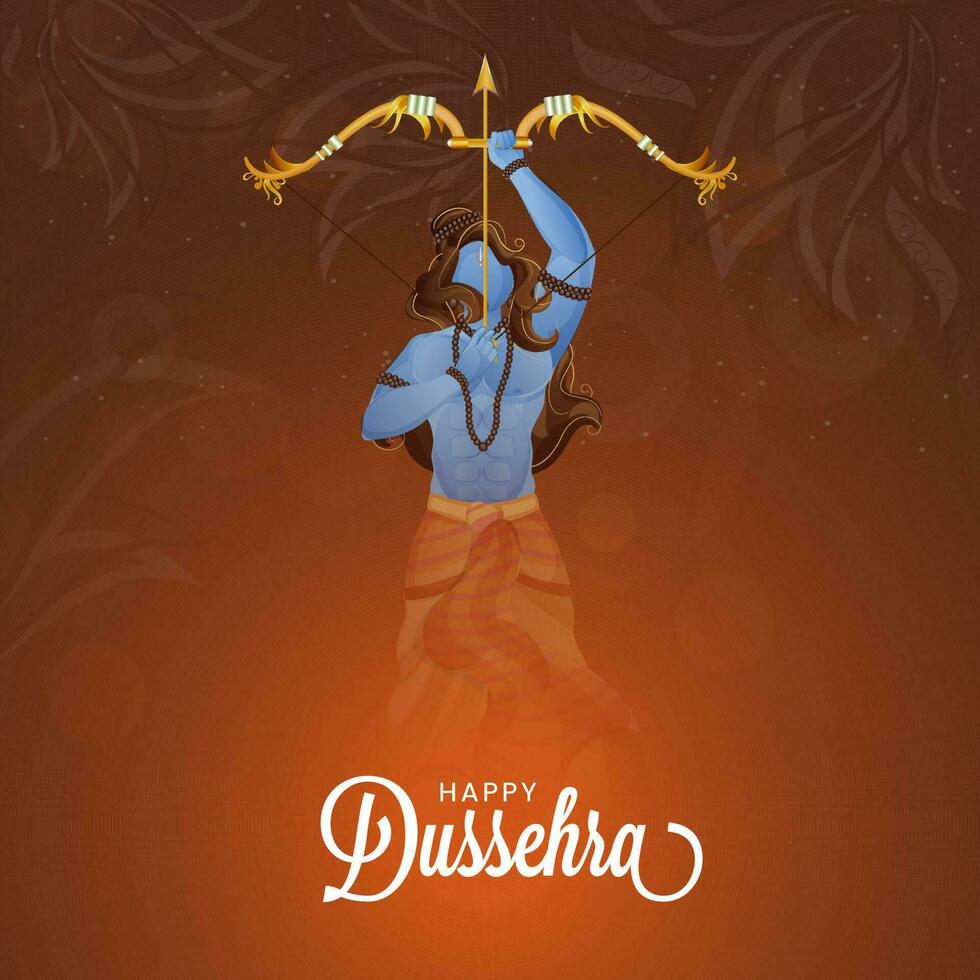 glücklich Dussehra Feier Poster Design mit Hindu Mythologie Herr Rama halten Bogen und Pfeil gegen verbrannt braun Hintergrund. vektor