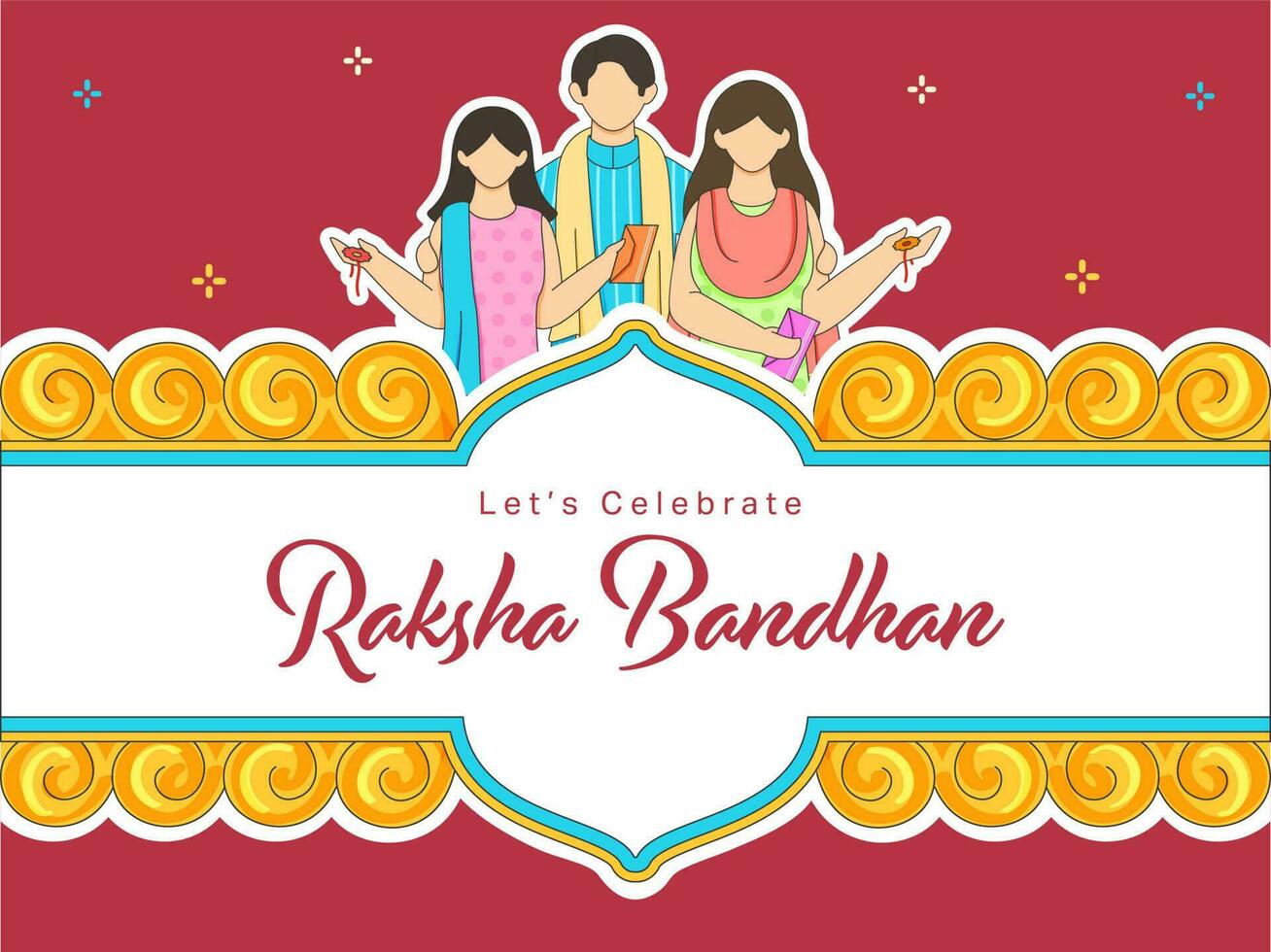 Lasst uns feiern Raksha Bandhan Poster Design mit Aufkleber Stil gesichtslos Schwestern, Bruder auf Weiß und rot Hintergrund. vektor