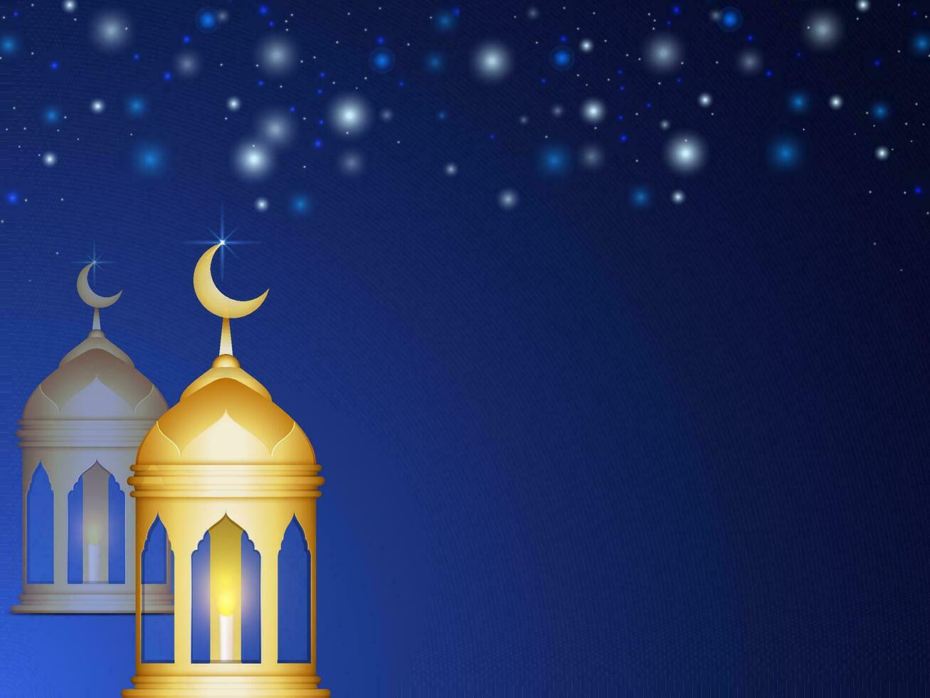 golden Arabisch zündete Laternen und Kopieren Raum auf Blau Licht bewirken Hintergrund zum islamisch Festival Konzept. vektor