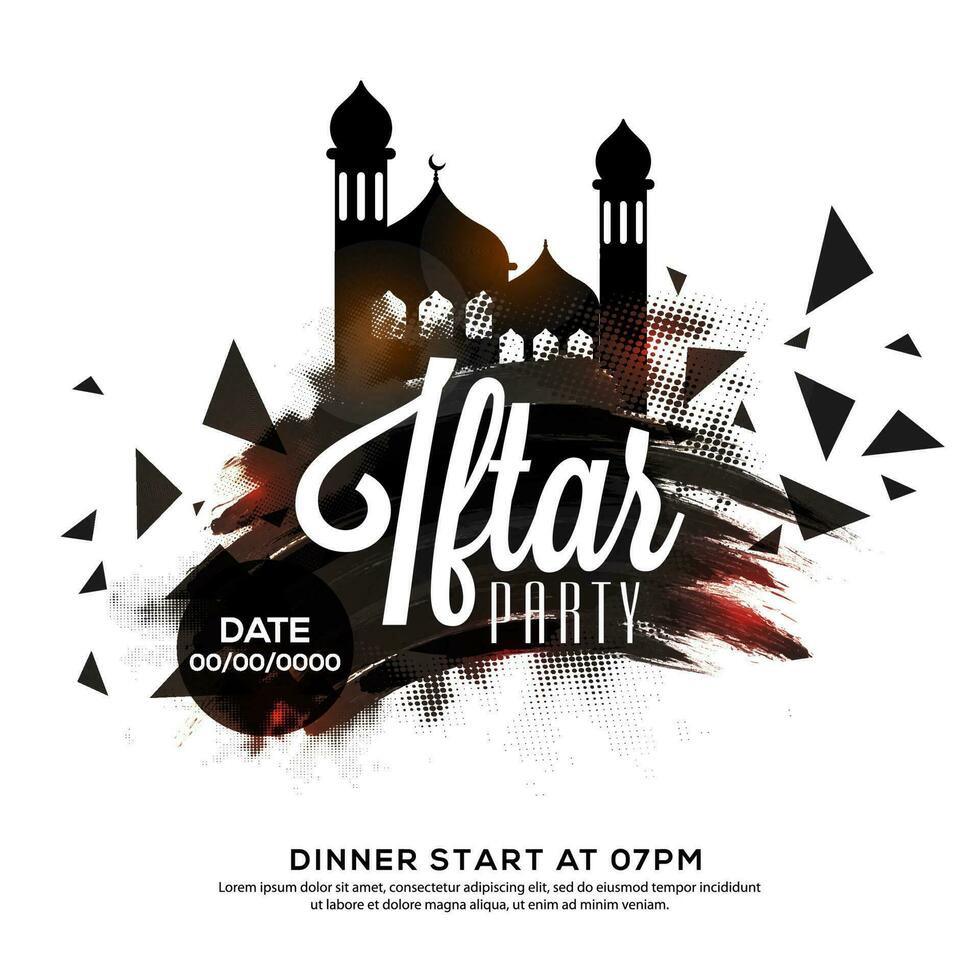 iftar Party Einladung Karte oder Flyer Design mit Veranstaltung Einzelheiten und schwarz Bürste bewirken auf Weiß Hintergrund. vektor