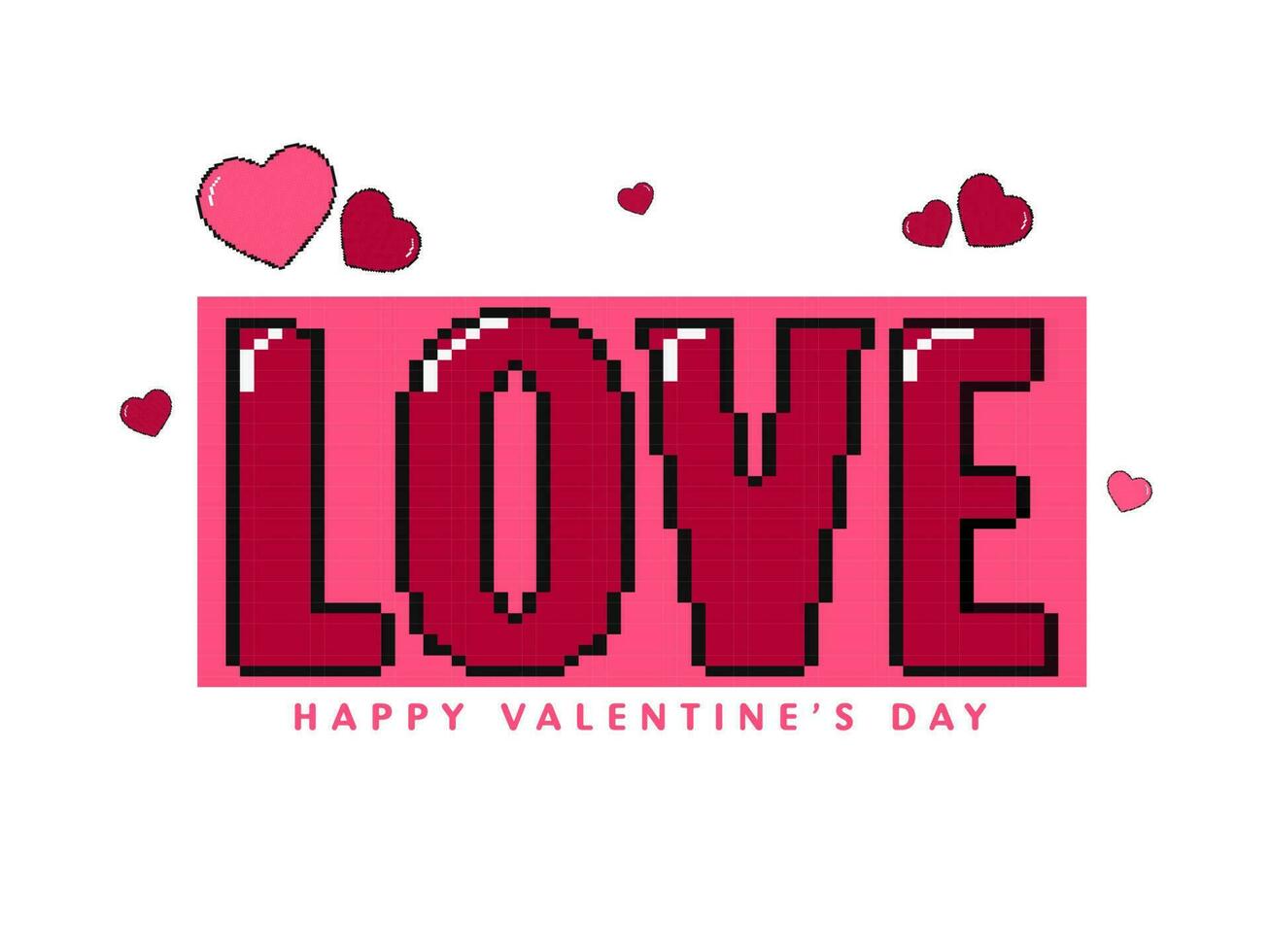 pixel kärlek font med hjärtan på vit bakgrund. Lycklig hjärtans dag hälsning kort. vektor