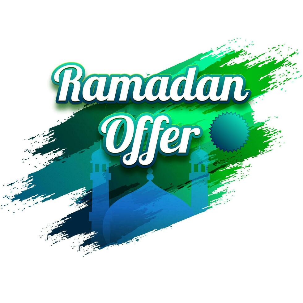 Aufkleber Stil Ramadan Angebot Schriftart mit Blau Moschee, leeren Etikette und Bürste Schlaganfall bewirken auf Weiß Hintergrund. Werbung Poster Design. vektor