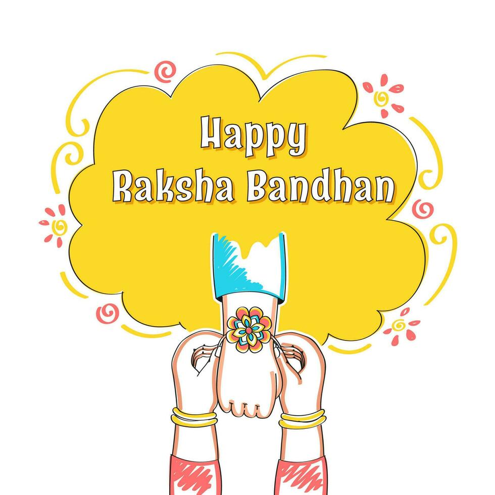 glücklich Raksha Bandhan Feier Konzept mit schließen Aussicht von Schwester binden Rakhi zu ihr Bruder auf Gelb und Weiß Hintergrund. vektor
