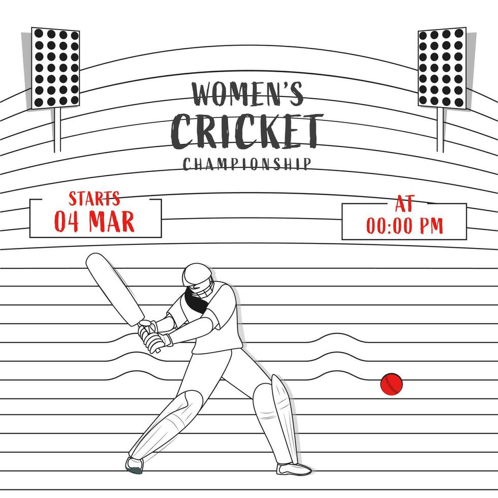 Damen Kricket Meisterschaft Konzept mit linear Stil weiblich Teig Spieler und Stadion Beleuchtung auf Weiß Streifen Hintergrund. vektor