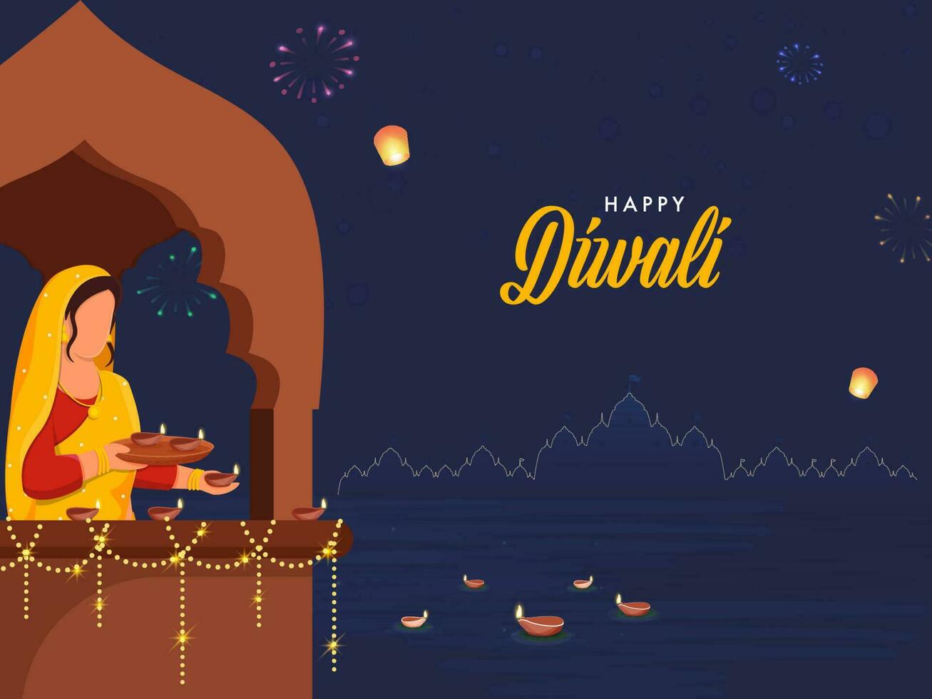 Lycklig diwali firande bakgrund med indisk kvinna karaktär dekorera båge från belyst olja lampor, natt bakgrund. vektor