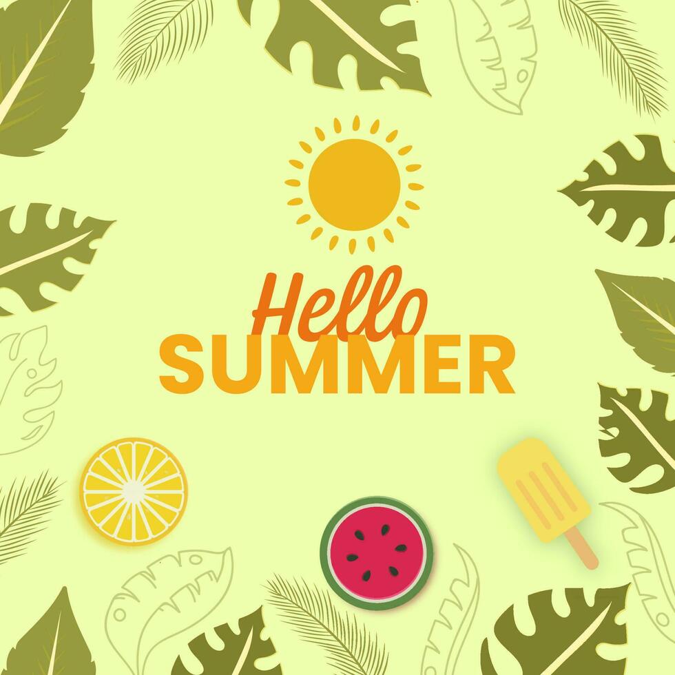 Hej sommar font med Sol, topp se av citron- eller orange, vattenmelon skiva, is grädde och tropisk löv på pastell grön bakgrund. vektor