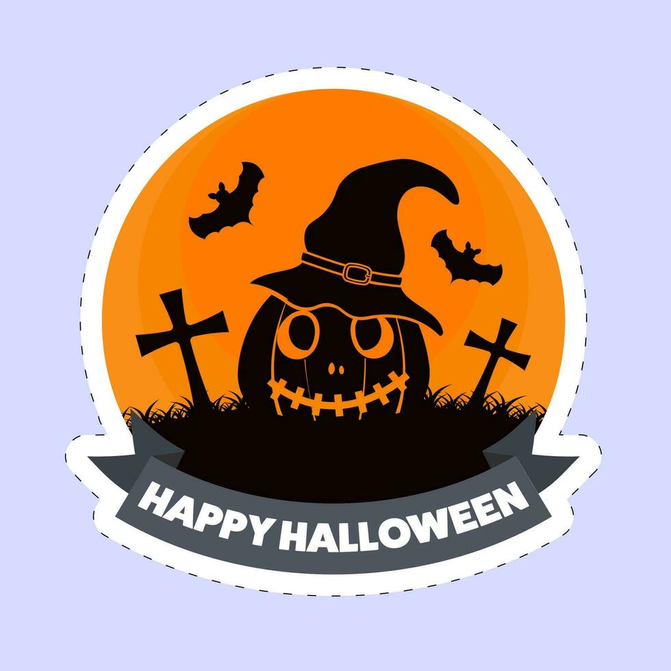 klistermärke stil Lycklig halloween font med skrämmande pumpa bär häxa hatt, flygande fladdermöss, kyrkogård på orange och blå bakgrund. vektor
