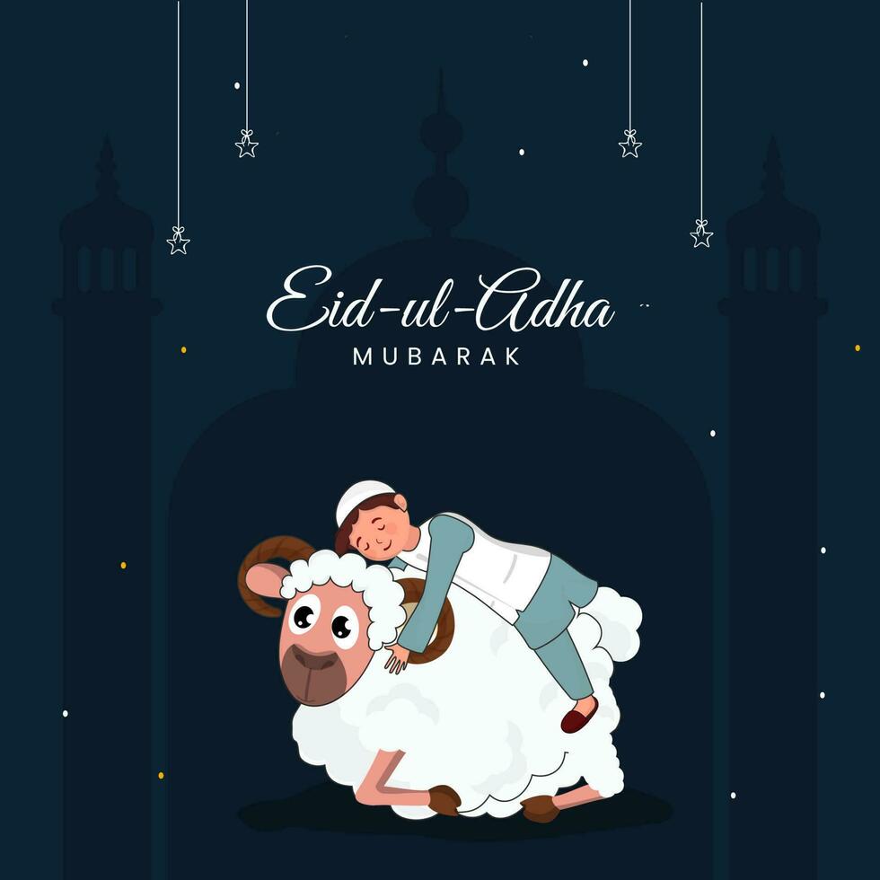 eid ul Adha mubarak affisch design med islamic pojke kramas tecknad serie får, stjärnor hänga på blå silhuett moské bakgrund. vektor