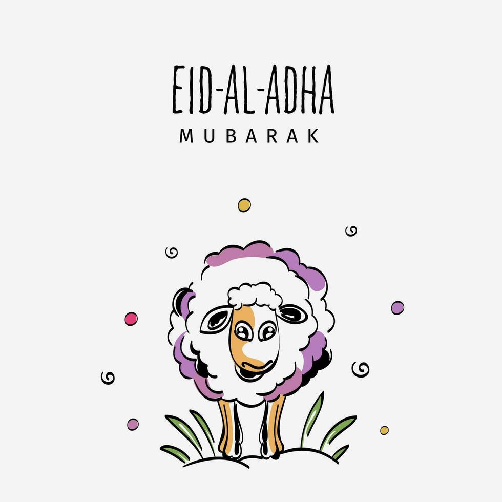 eid al adha Mubarak Gruß Karte mit Karikatur Schaf auf Weiß Hintergrund. vektor