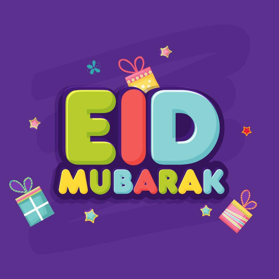 Aufkleber Stil bunt eid Mubarak Schriftart mit Geschenk Kisten, Sterne dekoriert auf lila Hintergrund. vektor