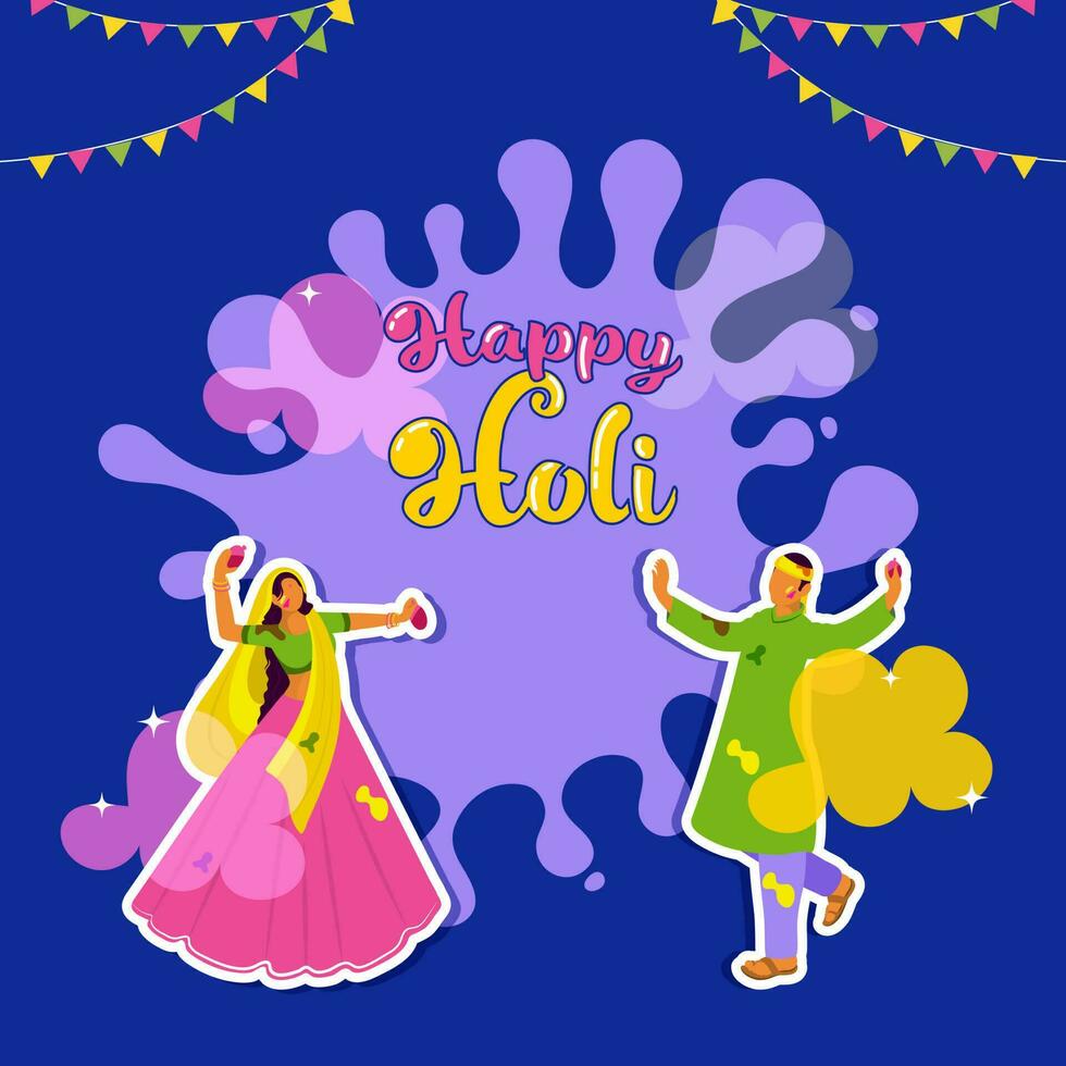 Aufkleber Stil indisch jung Paar werfen Farbe Luftballons beim jeder andere auf Spritzen bewirken Blau Hintergrund zum glücklich holi Feier. vektor