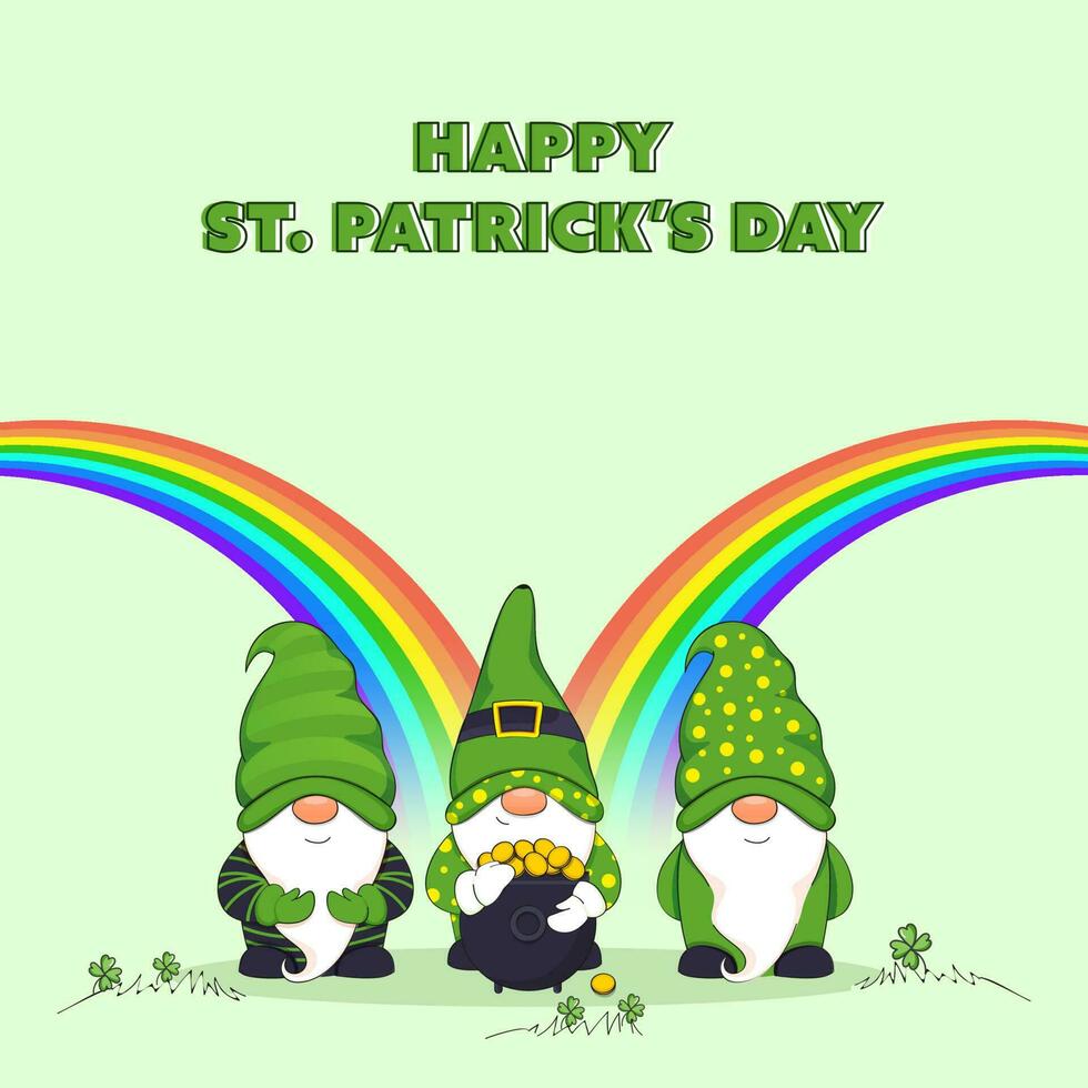 st. Patrick's Tag Poster Design mit Karikatur Zwerge tragen Kobold Hut, golden Münzen im Kessel und Regenbögen auf Pastell- Grün Hintergrund. vektor