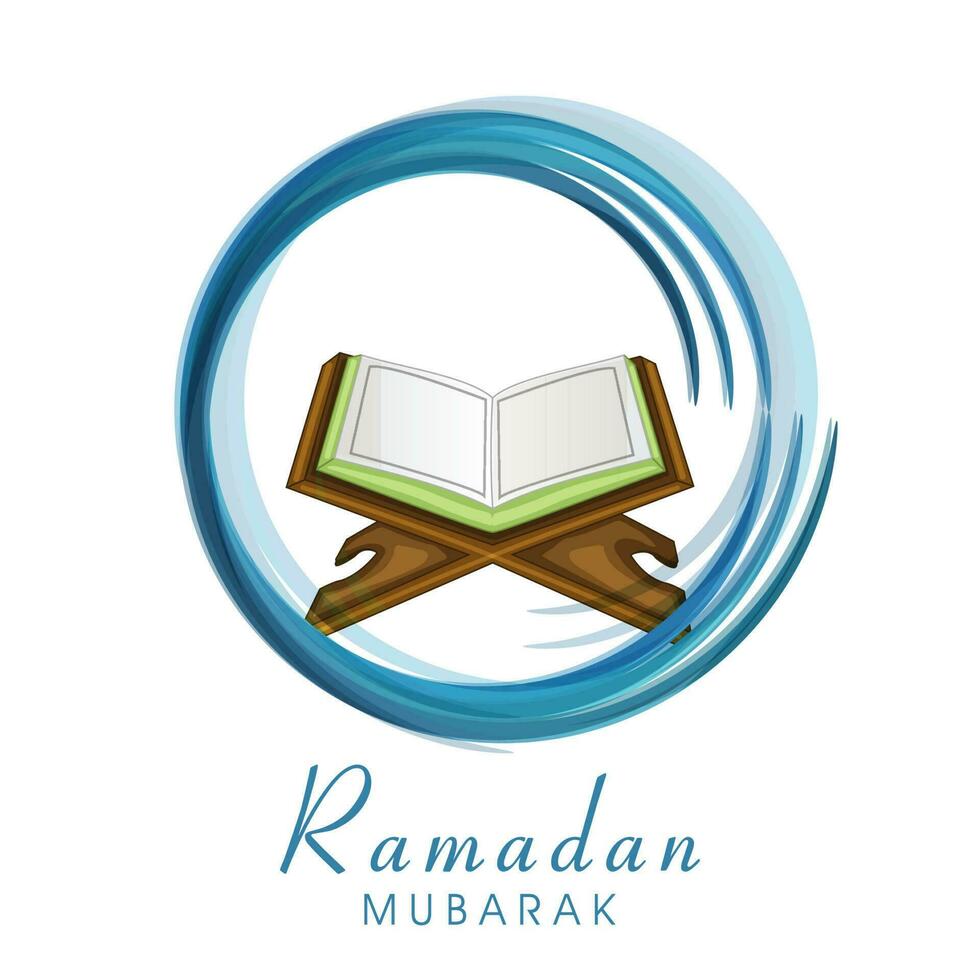 Ramadan Mubarak Schriftart mit öffnen heilig Koran Buch beim rehal und kreisförmig Blau Bürste bewirken auf Weiß Hintergrund. vektor