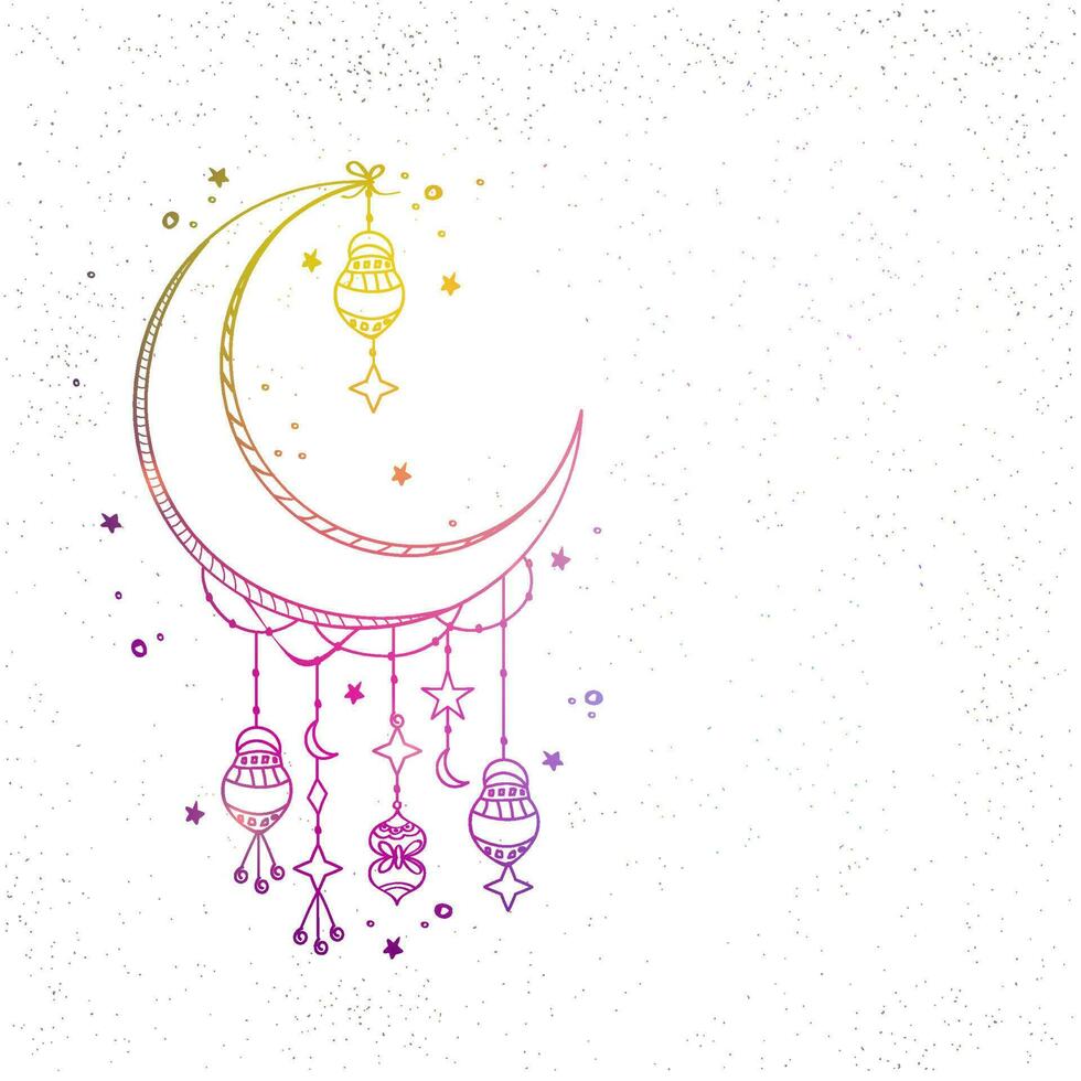 linear Stil Halbmond Mond mit hängend Laternen, Sterne dekoriert Weiß Hintergrund und Kopieren Raum. vektor