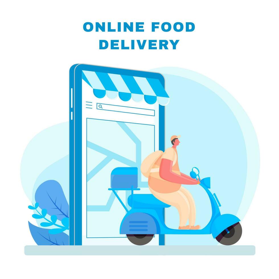 vektor illustration av e-shop med leverans man ridning skoter på vit och blå bakgrund för uppkopplad mat leverans begrepp.