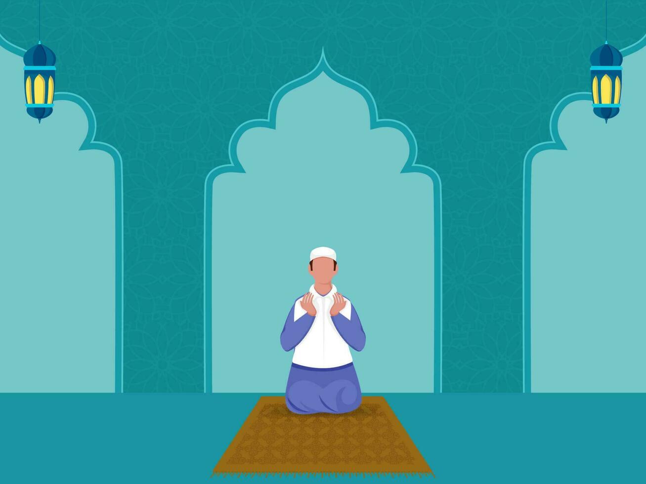 främre se av ansiktslös muslim man erbjudande namaz bön på matta och arabicum lyktor på blå islamic mönster bakgrund. vektor