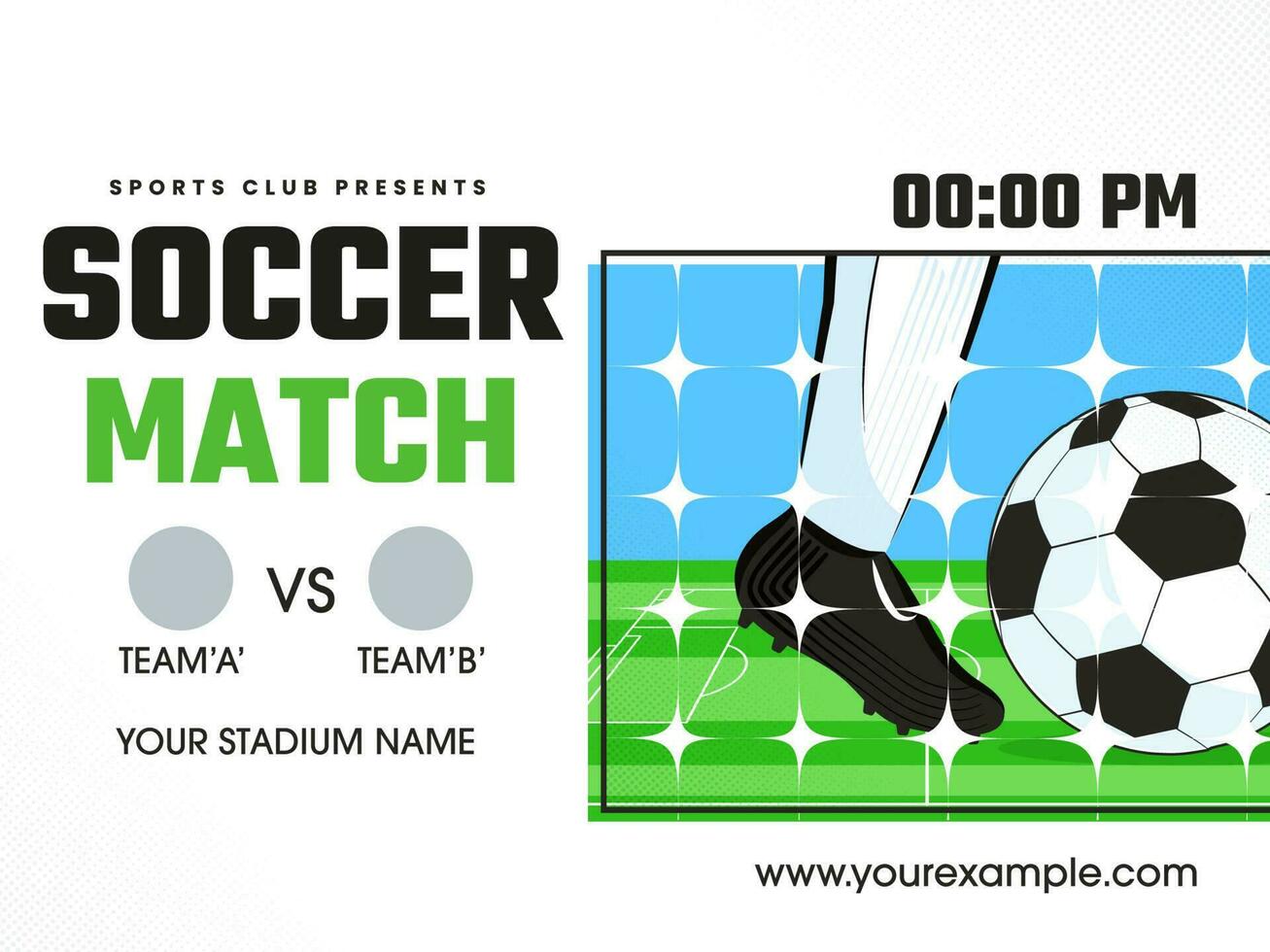 Fußball Wettbewerb Flyer oder Poster Vorlage mit Nahansicht von ein Spieler Aktion mit Fußball, und Spiel Tag Einzelheiten. eben Stil Vektor Illustrationen.