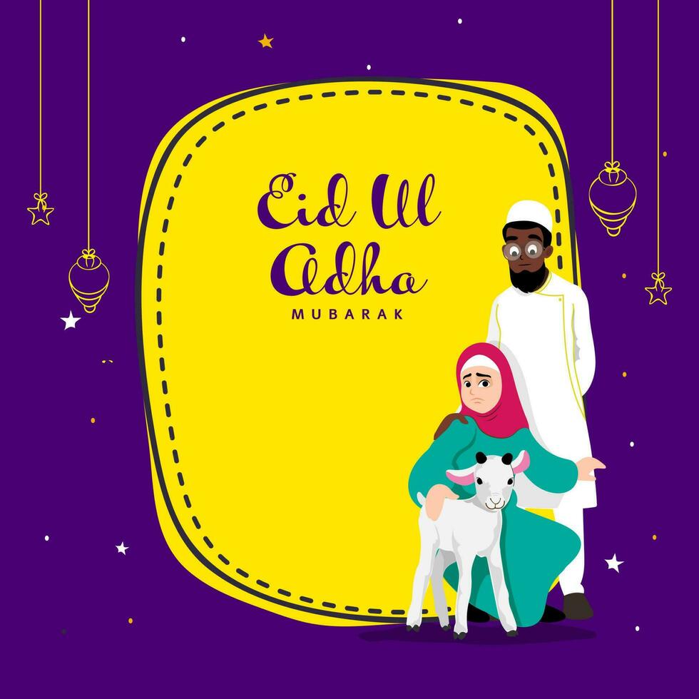 eid ul adha Mubarak Gruß Karte mit islamisch Paar halten Ziege, hängend Laternen, Sterne auf Gelb und lila Hintergrund. vektor