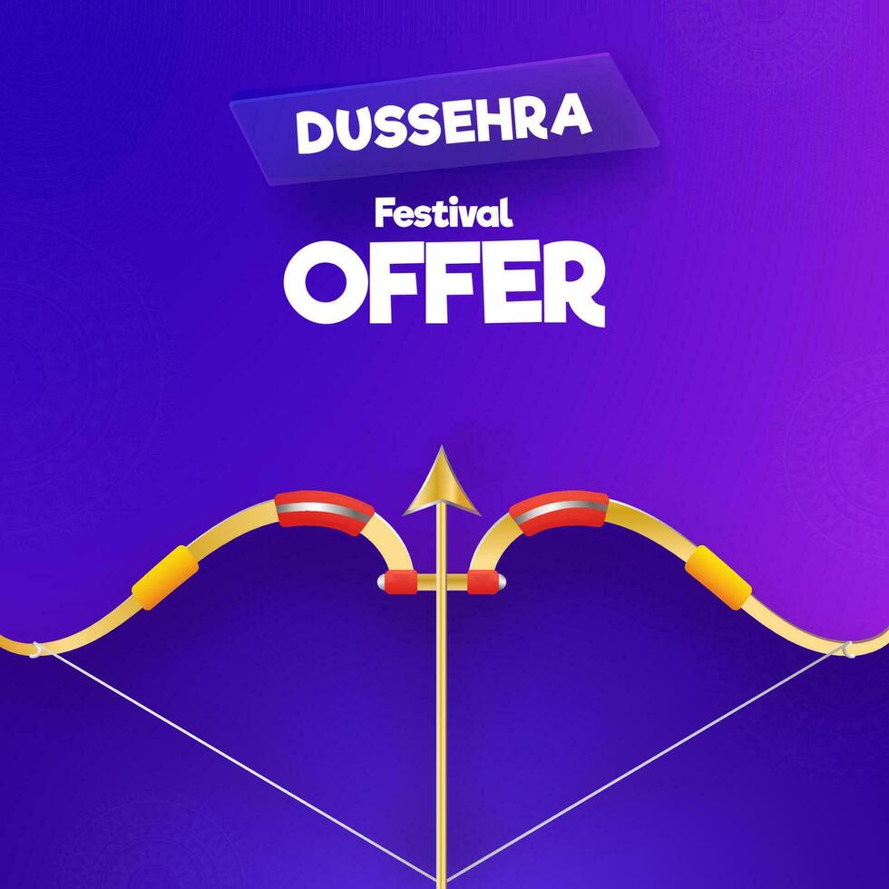 Dussehra försäljning affisch design med archer rosett, pil på blå och lila bakgrund. vektor