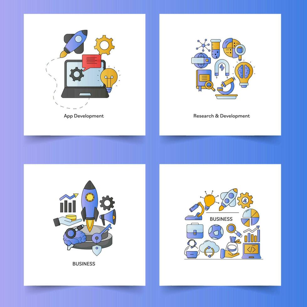 eben Stil Symbole Konzept zum App Entwicklung, Forschung Entwicklung, Geschäft im Post oder Vorlage Design. vektor