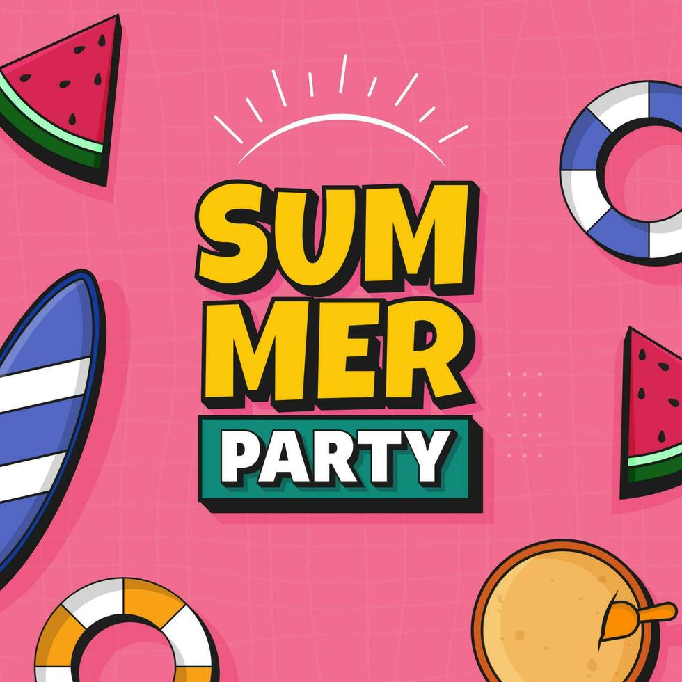 Sommer- Party Schriftart mit Wassermelone Scheibe, Schwimmen Ringe, Sand Eimer, Surfbrett auf Rosa Gitter Muster Hintergrund. vektor
