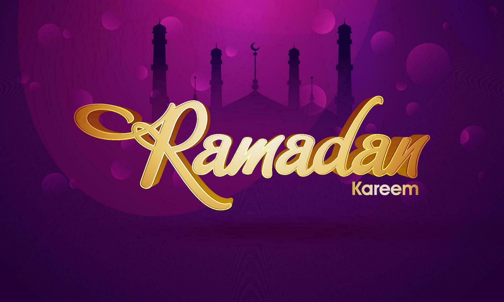 golden Ramadan kareem Schriftart und Kreise auf lila Silhouette Moschee Hintergrund. vektor