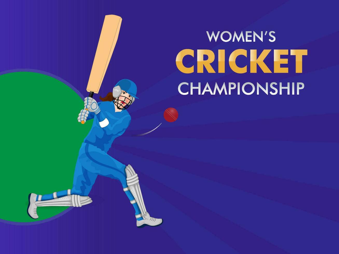Damen Kricket Meisterschaft Konzept mit Indien Teig Spieler Schlagen das Ball auf violett Strahlen Hintergrund. vektor