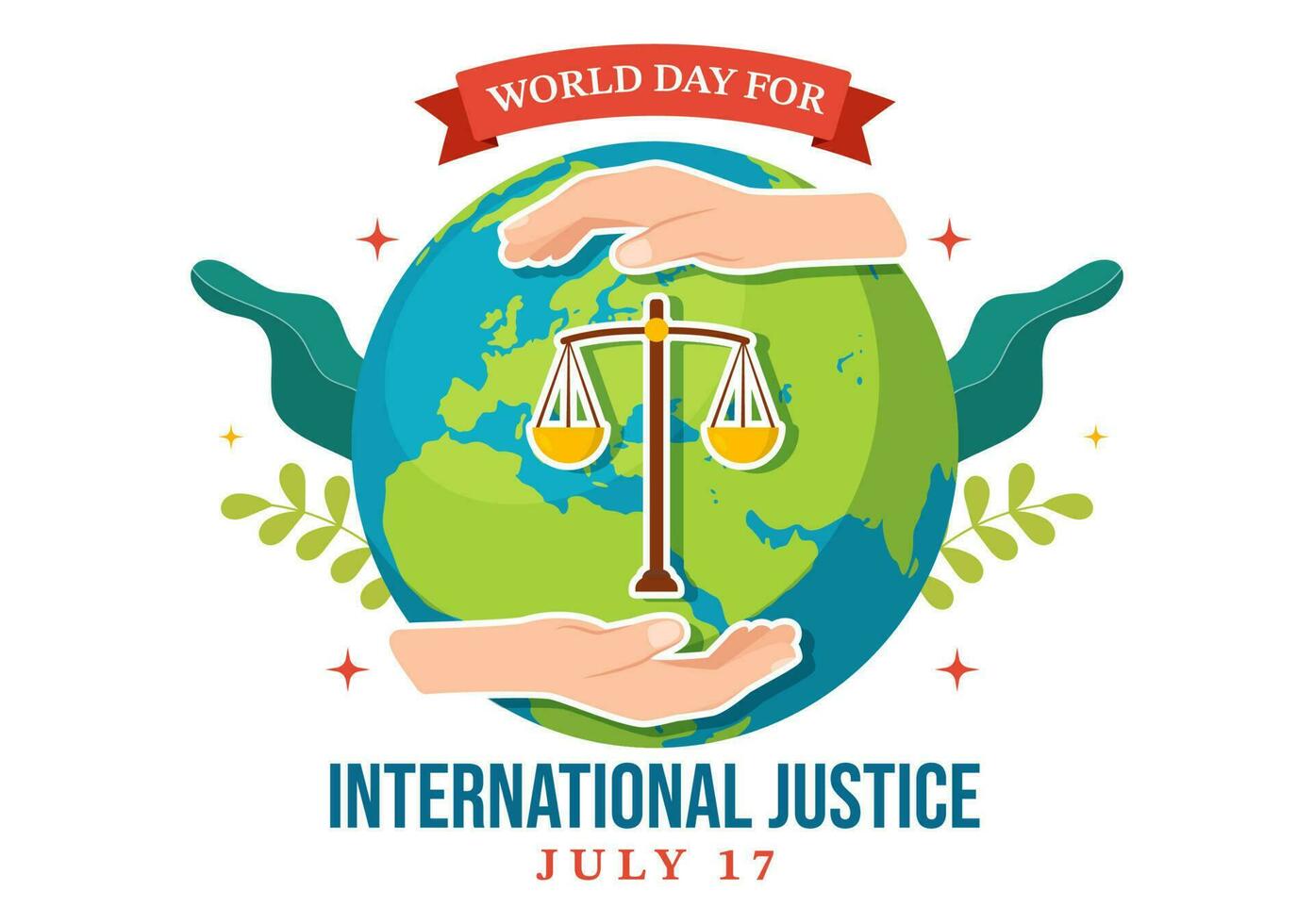 värld dag för internationell rättvisa vektor illustration med jorden, skalor eller bedöma klubban i platt tecknad serie hand dragen till landning sida mallar
