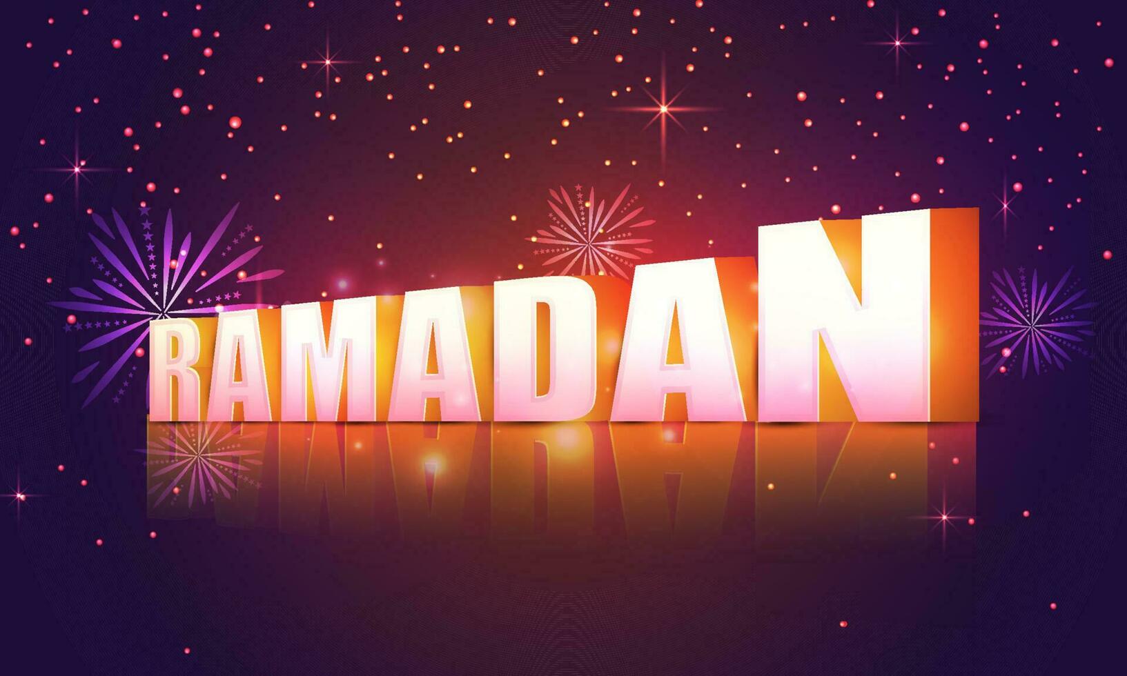 3d Ramadan Text mit Schatten Wirkung, Feuerwerk auf Beleuchtung bewirken lila Hintergrund. vektor