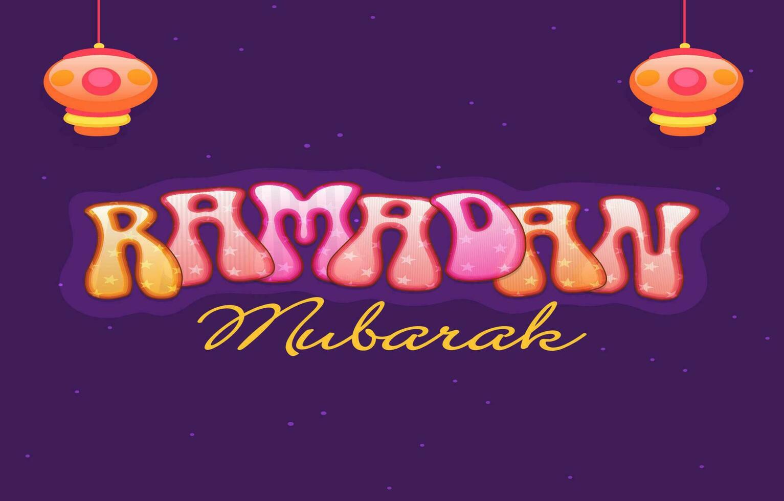 stilvoll Ramadan Mubarak Schriftart und hängend Laternen auf lila Hintergrund. vektor