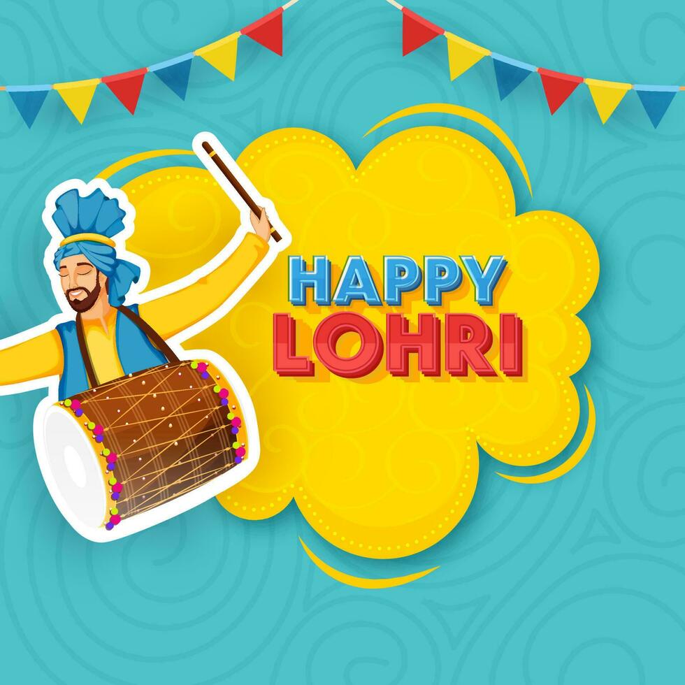 skiktad Lycklig lohri text över gul moln ram med klistermärke punjabi man spelar trumma och flaggväv flaggor dekorerad på blå virvla runt mönster bakgrund. vektor