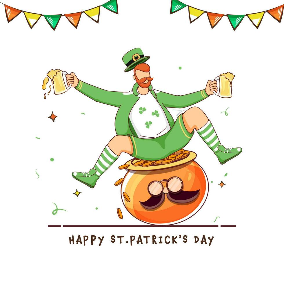 glücklich st. Patrick's Tag Konzept mit Karikatur Kobold Mann Sitzung beim Kessel von Münzen und halt Bier Tassen auf Weiß Hintergrund. vektor