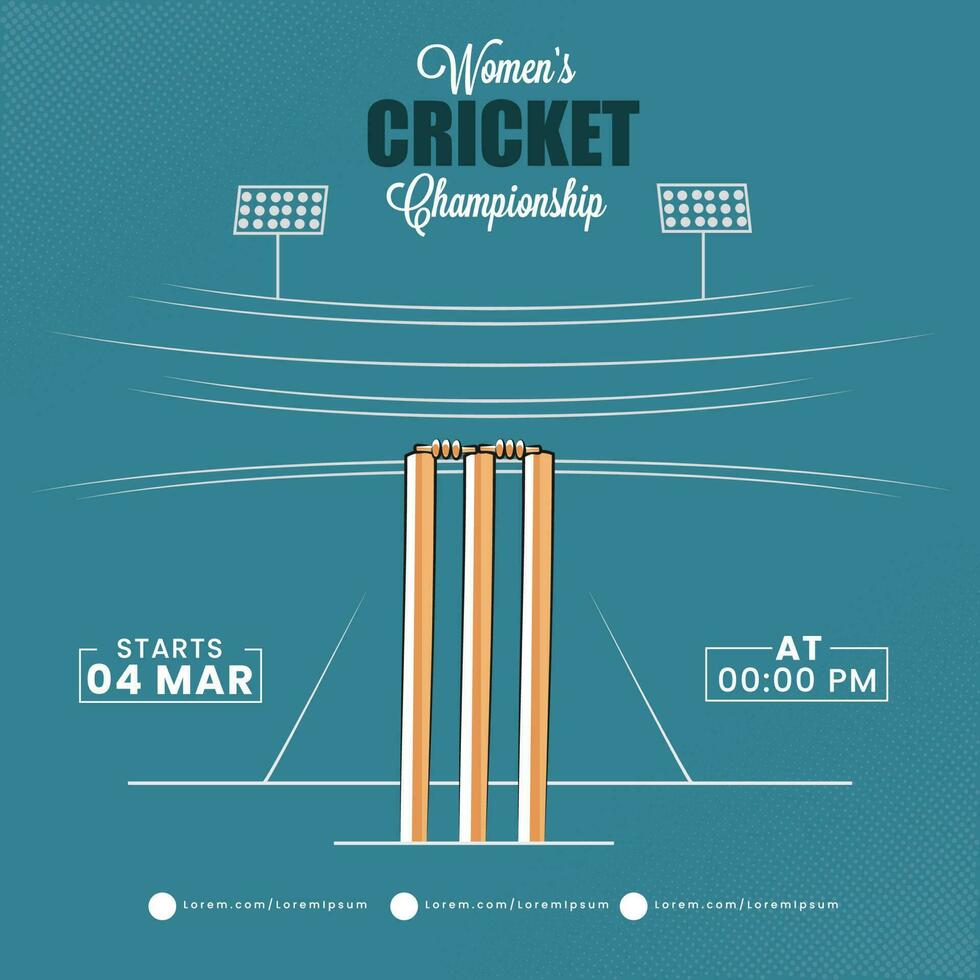 Damen Kricket Meisterschaft Konzept mit Wicket Stumpf auf Blau Stadion Hintergrund. vektor