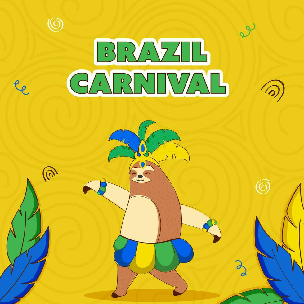 Aufkleber Stil Brasilien Karneval Text mit Karikatur Faultier Bär Tier und Gefieder auf Gelb Strudel Muster Hintergrund. vektor