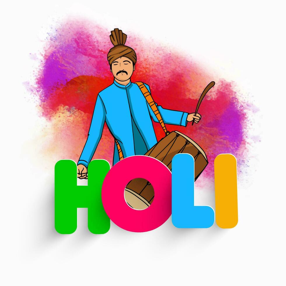 färgrik papper holi font med ung indisk man spelar trumma instrument och Färg stänk effekt på vit bakgrund. vektor