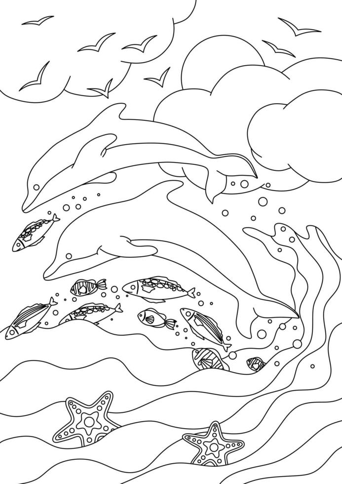 målarbok med delfiner och fiskar på himmelbakgrunden vektor