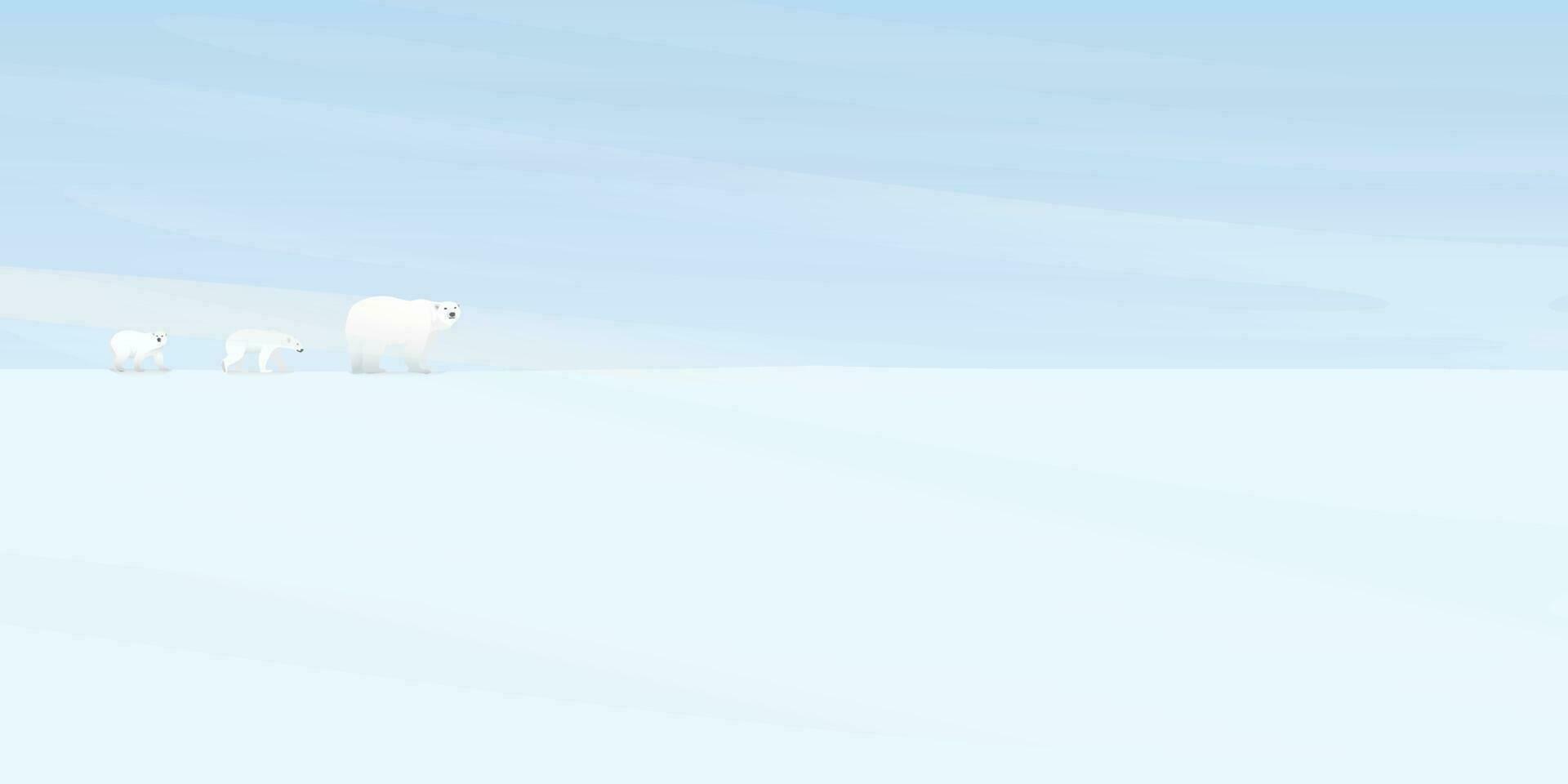 polär björnar familj gående på is i oklar väder på norr Pol vektor illustration. snö landskap begrepp med tom Plats.