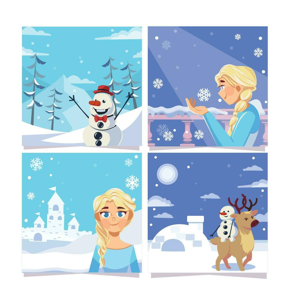söt snö prinsessa och snögubbe social media posta vektor