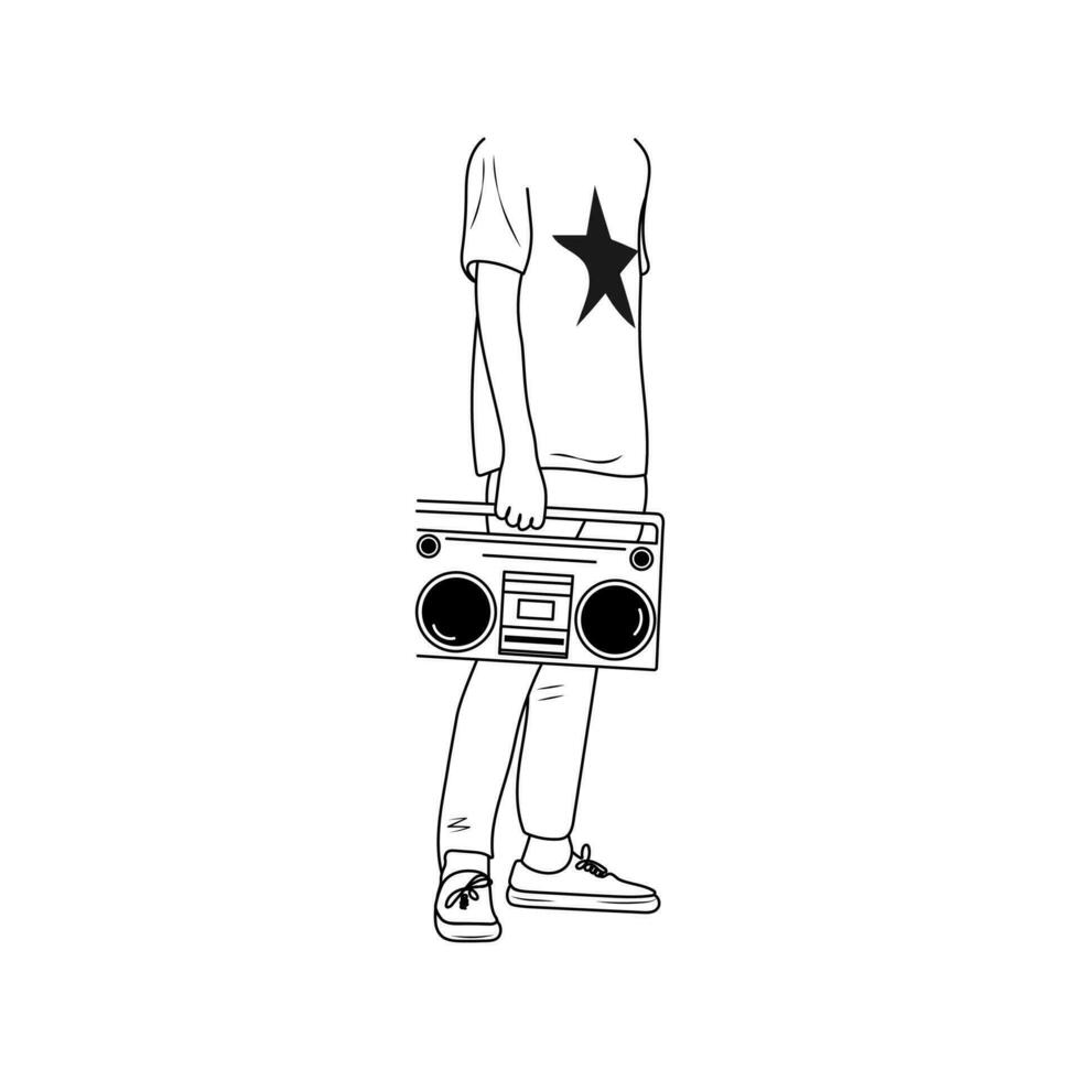 Jugendliche Lebensstil. jung Mann mit Ghettoblaster. Musik- Unterhaltung. Jugend Stil Konzept. Hand gezeichnet Vektor Illustration.