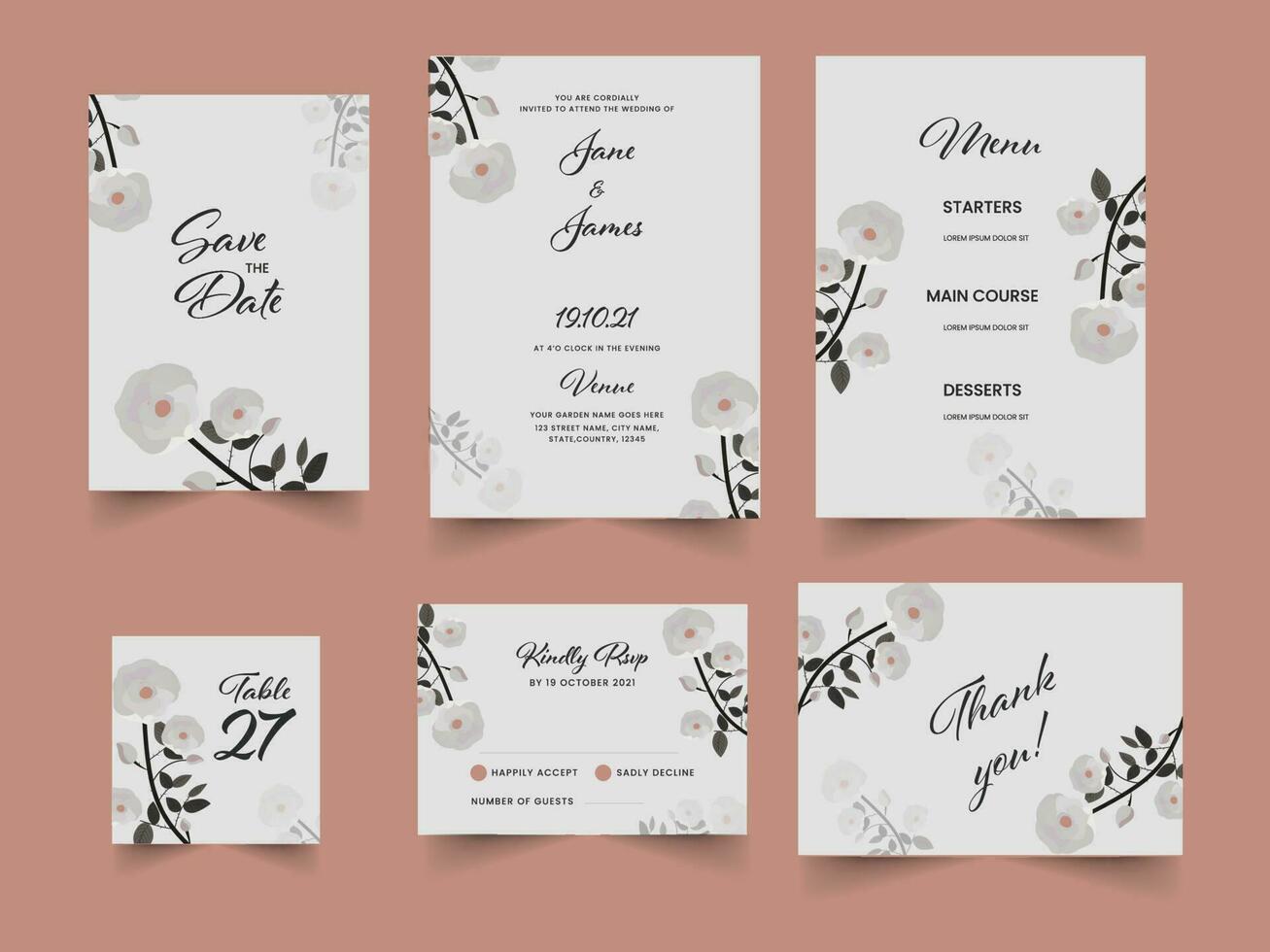 Blumen- Hochzeit Einladung Karte einstellen im Weiß Farbe. vektor